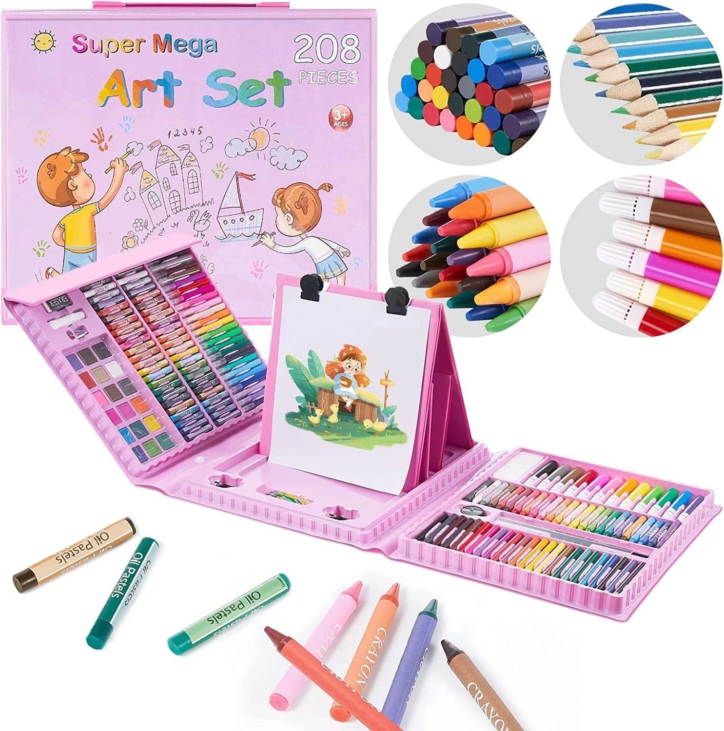 Trusa pentru pictura si desen, set creativ 208 piese, creioane, acuarele, carioci, suport desen, valiza transport, roz - imagine 8